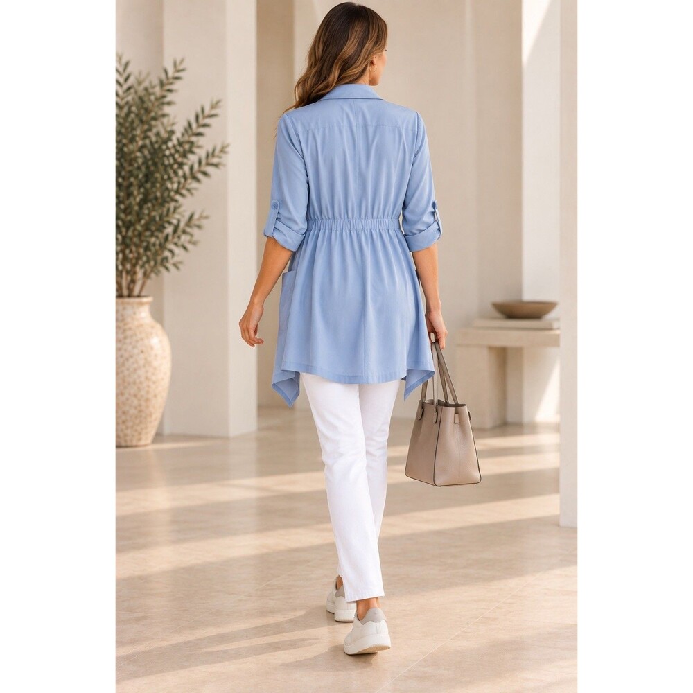 Chico’s Jacket Size 0 Blue 100% Lyocell Waterfall Drape Roll Up Sleeves - Picture 13 of 13